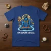Om Namah Shivaya mantra text with Lord Shiva meditating in a spiritual landscape, on a blue t-shirt