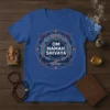 Blue t-shirt with "Om Namah Shivaya" mantra in a circular mandala design, promoting spiritual and meditative vibes