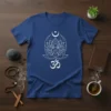 White OM symbol with meditating figure and lotus flower on a blue t-shirt, representing yoga and meditation