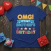 Blue t-shirt with "OMG! It's My Brother's Birthday" text in colorful, playful font, featuring birthday cakes and gifts graphics
