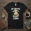 Black t-shirt with "On Board with the Lord" text and Jesus figure skateboarding graphic