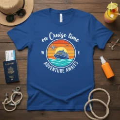 T-shirt featuring "on Cruise time ADVENTURE awaits" text with a cruise ship, ocean waves, and sunset graphic