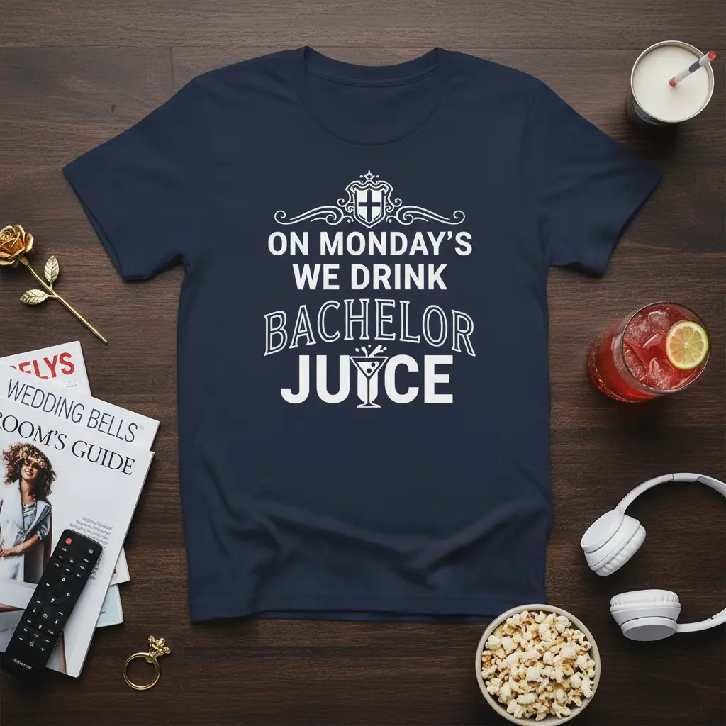 On Monday's We Drink Bachelor Juice quote on a navy blue t-shirt with cocktail graphic