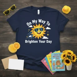 T-shirt with white text "On My Way To Brighten Your Day" above a smiling sun wearing sunglasses