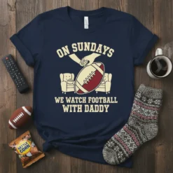 Navy t-shirt with "ON SUNDAYS WE WATCH FOOTBALL WITH DADDY" text and football graphic, showing family watching game
