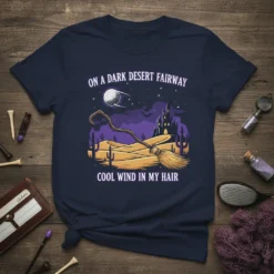 Graphic t-shirt featuring the quote "On A Dark Desert Fairway Cool Wind In My Hair" with a golf ball flying