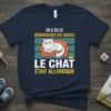 French t-shirt with quote "On a du se débarrasser des gosses, le chat était allergique" featuring a grumpy cat on
