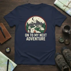 On To My Next Adventure camping t-shirt design featuring a camper, tent, campfire, and mountains under a starry night sky