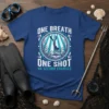Spearfishing t-shirt with bold text "ONE BREATH ONE SHOT NO SECOND CHANCES" and graphic of diver