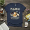 T-shirt with the quote "One Cat Won't Fix All Your Problems But Three Might" featuring three cats and books