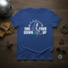 One Down Four Up motorcycle gear shift design on a blue t-shirt, showing rider's love for the open road
