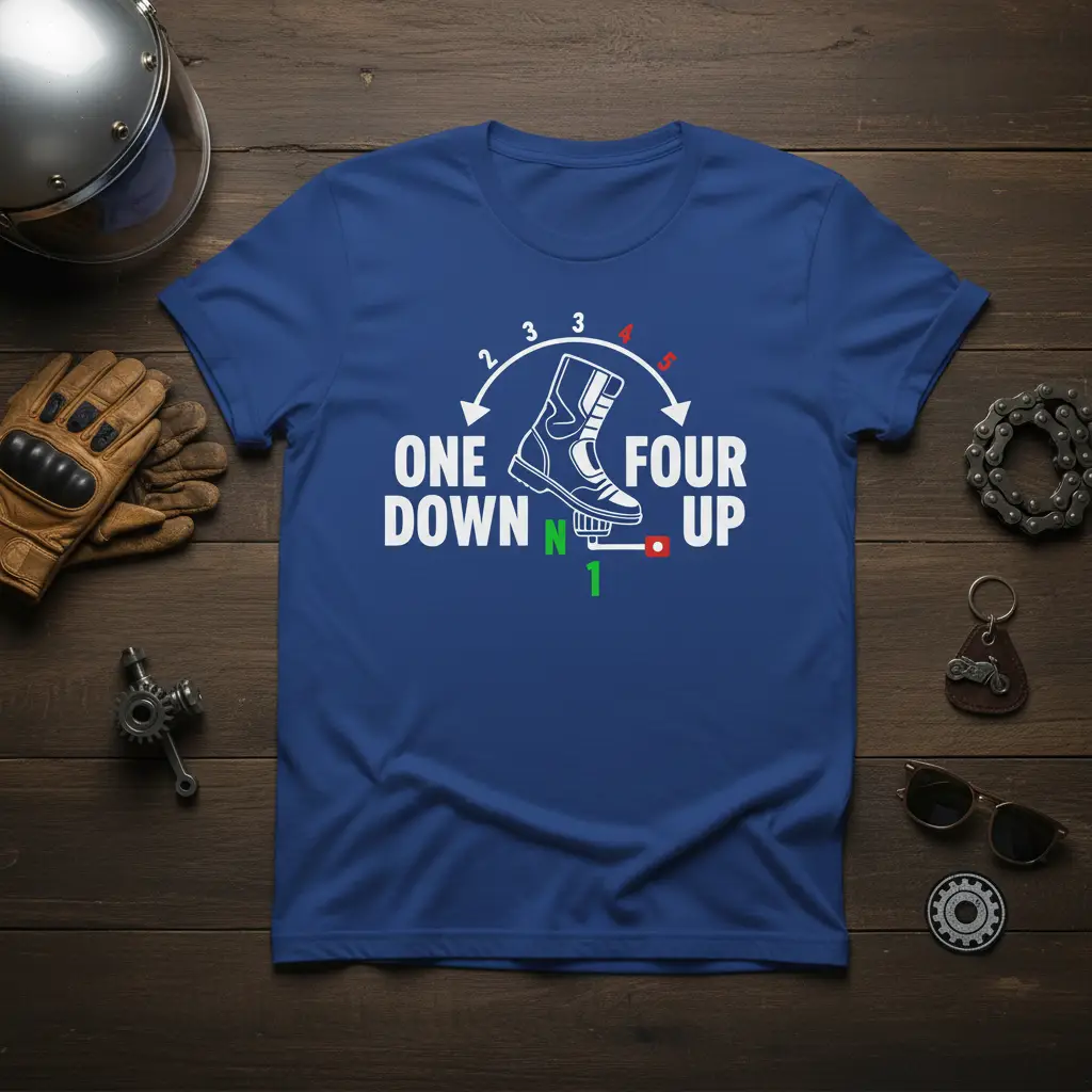 One Down Four Up motorcycle gear shift design with boot and indicators on a royal blue t-shirt