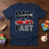 Navy blue t-shirt with "ONE FAST" text and a red race car graphic, perfect for a first birthday