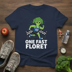 One Fast Floret t-shirt design with a muscular broccoli character running and crossing a finish line, number 253 on bib