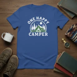 One Happy Camper t-shirt with a graphic of a tent, campfire, and trees under a moonlit sky