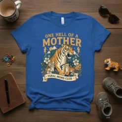 One Hell Of A Mother Feral Moms Club t-shirt with a majestic tiger and cubs graphic, mountains, and lightning bolts