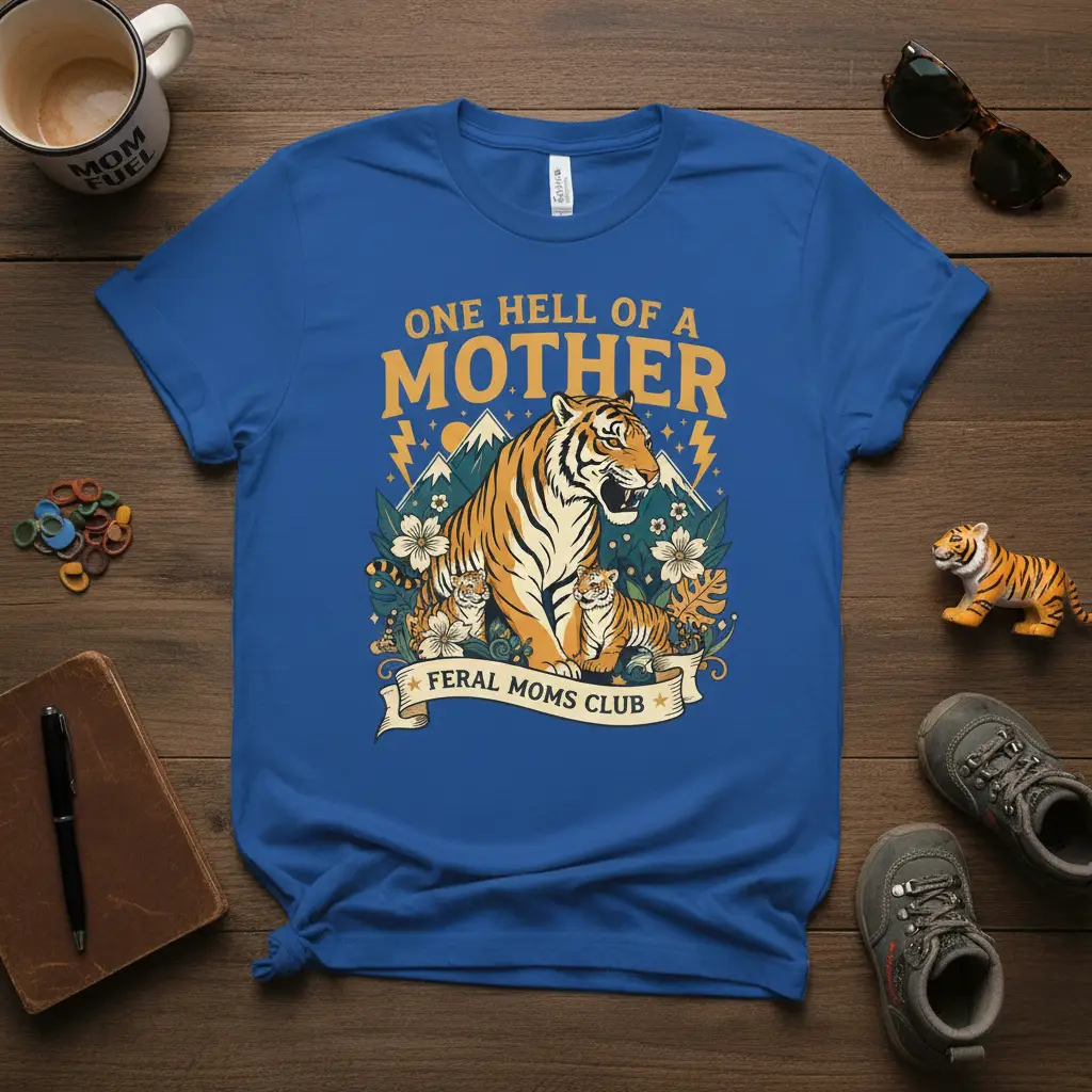 One Hell Of A Mother Feral Moms Club quote with a fierce tiger family illustration on a blue t-shirt