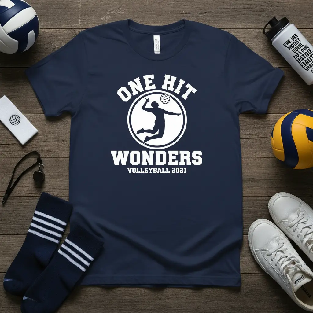 One Hit Wonders Volleyball 2021 text design with a dynamic volleyball player graphic