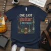One Last Guitar I Promise text design with various guitar graphics and musical notes on a navy t-shirt