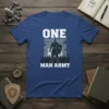 ONE MAN ARMY knight warrior t-shirt design featuring a soldier with shield and sword against a backdrop of soldiers