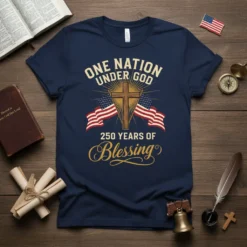 Navy blue t-shirt with "One Nation Under God 250 Years Of Blessing" text, cross, and American flags graphic