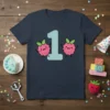 Cute "One Raspberry Birthday" t-shirt design featuring a large number 1 and two smiling raspberries