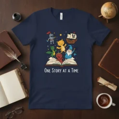 One Story At A Time t-shirt with knight, dragon, wizard, and pirate ship characters emerging from an open book