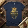 One Uncle To Rule Them All t-shirt with a golden crown and hand graphic