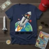 One Way Ticket To Mars t-shirt design featuring a rocket ship with two figures heading towards Mars, with Earth and