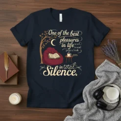 T-shirt design featuring the quote "One of the best pleasures in life is to read peace a book in total