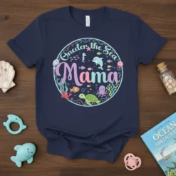 Oneder the Sea Mama t-shirt with colorful ocean creatures like dolphins, turtles, and jellyfish