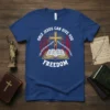 Christian t-shirt design with text "Only Jesus Can Give You Freedom", a cross, open Bible, and broken chains