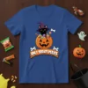 Only Treats Please Halloween cat t-shirt with a black cat wearing a witch hat in a pumpkin full of candy