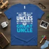 Only the best uncles get promoted to great uncle quote on a blue t-shirt, featuring crown and Superman logo graphic
