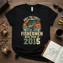 Only the Finest Fishermen Were Born In 2015 text with a leaping bass graphic and vintage sunset background on a