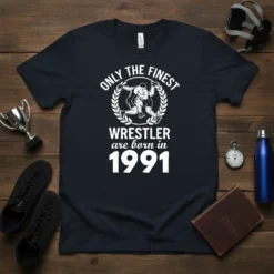 Only the Finest Wrestler are Born in 1991 text with wrestling graphic on a navy t-shirt