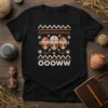 Black t-shirt with OOOWW text and three tribal masks in a decorative pattern, African-inspired design