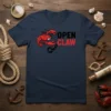 Open Claw text with a cartoon lobster breaking free from a chain on a navy blue t-shirt