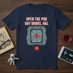 Navy t-shirt featuring the quote "Open The Pod Bay Doors, Hal" above a graphic of a sci-fi pod bay door