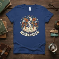 T-shirt with "Open to Adventure" text and a circular design of an open book with flowers, trees, and butterflies