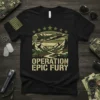 Operation Epic Fury T-Shirt with a fighter jet flying over mountains, featuring military camouflage design and stars