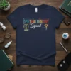 Navy t-shirt with "OPHTHALMOLOGY Squad" in colorful retro font, featuring eye care graphics