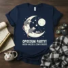 Opossum Party! Moon Gazers & Star Chasers text on navy t-shirt with opossums on a crescent moon under stars and