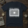 T-shirt with "Optical Anomaly Deception of Perception" text and a black and white spiral optical illusion graphic