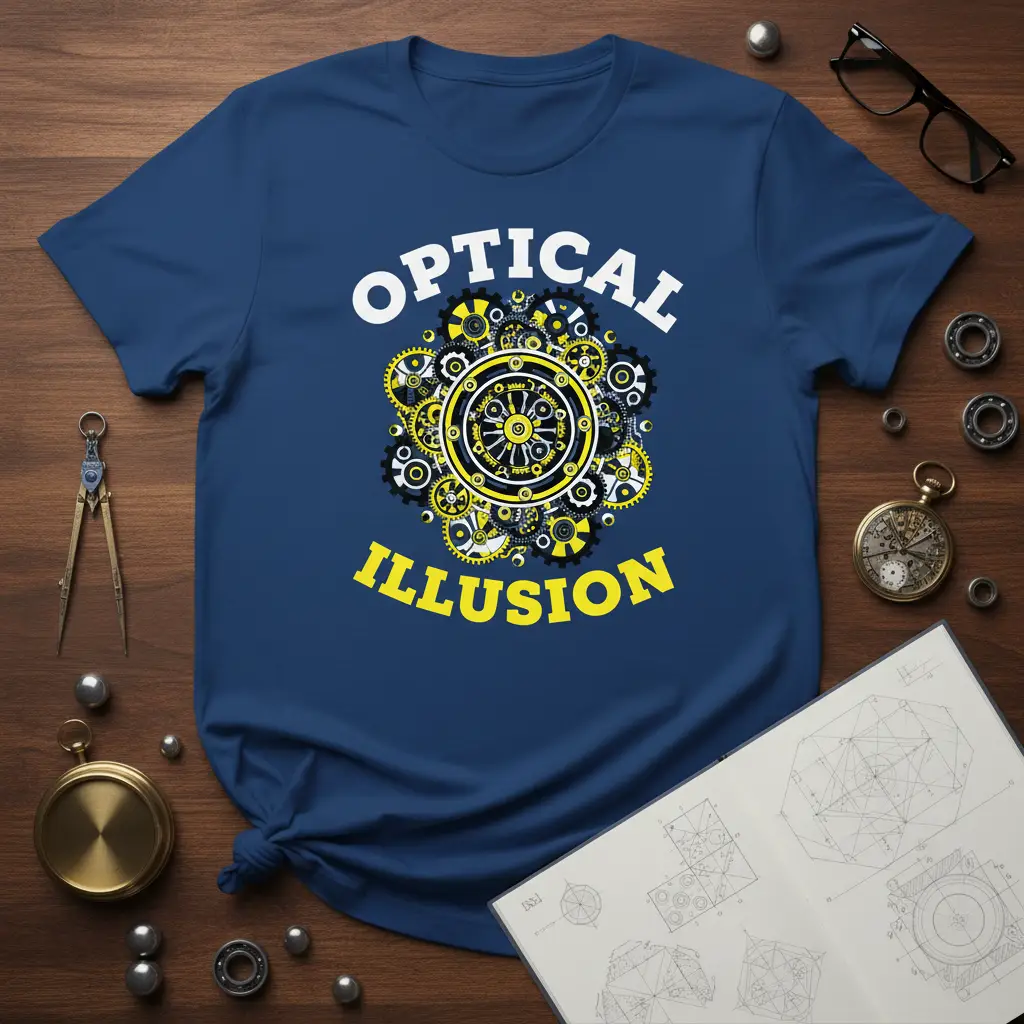OPTICAL ILLUSION text design with intricate interlocking gears in white and yellow on a blue t-shirt