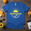 Blue t-shirt with yellow "Optimismo" text, a sun graphic, and a white checkmark design