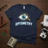 Navy blue t-shirt with "OPTOMETRY" text in white and blue, and a graphic of an eye being examined with a