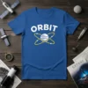 Blue t-shirt with white "Orbit" text and a graphic of a planet with yellow orbital paths