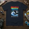 Orcazilla Japanese Killer Whale Wave T-Shirt with a kaiju-inspired orca, crashing waves, and Japanese text