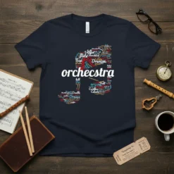 Orchestra word cloud design on a navy t-shirt, featuring musical instrument names and terms